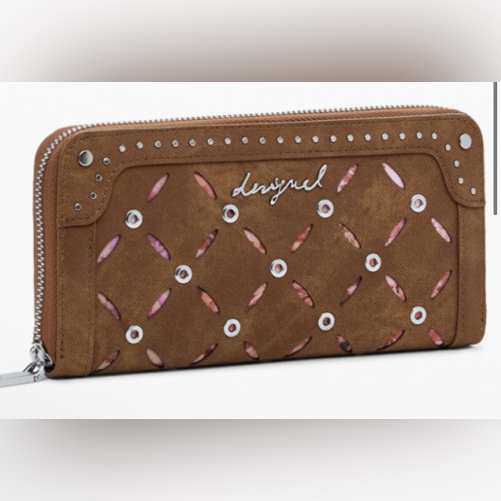 NWT Desigual Unique Vegan Suede Camel Studded Wallet Lasercut 2026 Collection - Picture 2 of 8